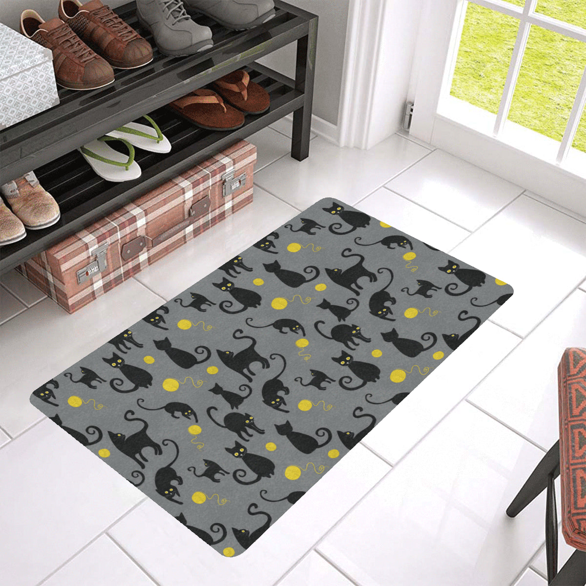 Black Cat Yellow Yarn Print Pattern Rubber Doormat