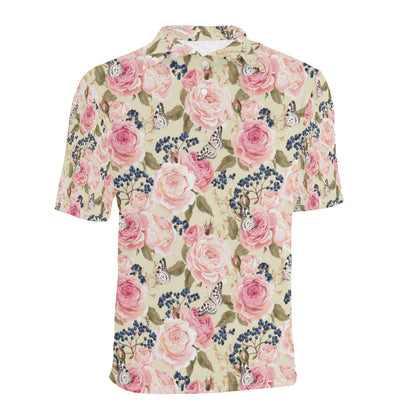 Floral Pink Butterfly Print Men Polo Shirt