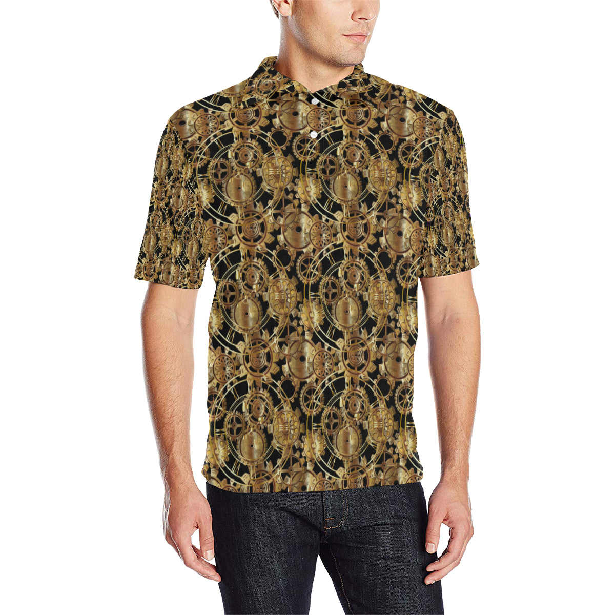 Steampunk Gear Design Themed Print Men Polo Shirt