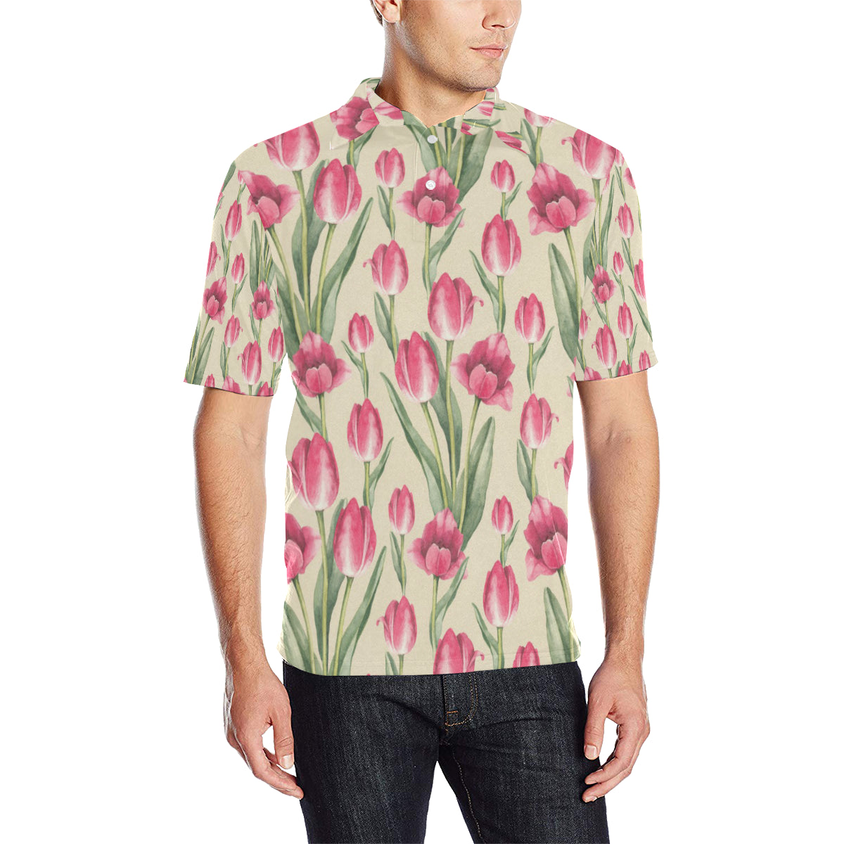Tulip Pink Pattern Print Design TP06 Men Polo Shirt