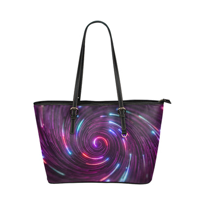 Vortex Twist Swirl Purple Neon Print Leather Tote Bag
