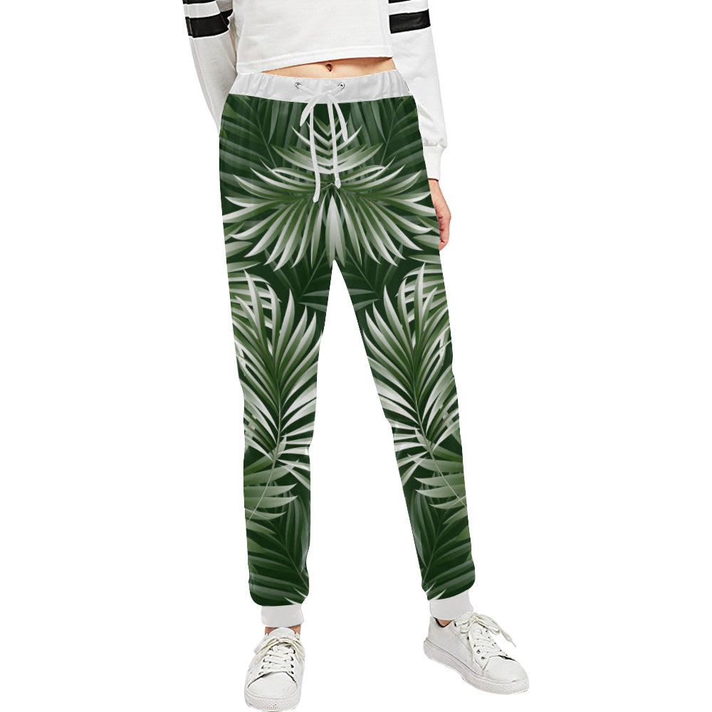 White Green Tropical Palm Leaves Unisex Sweatpants
