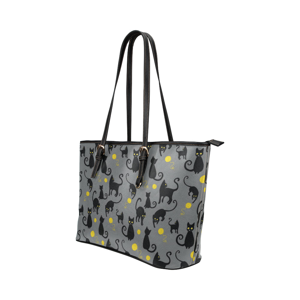 Black Cat Yellow Yarn Print Pattern Leather Tote Bag