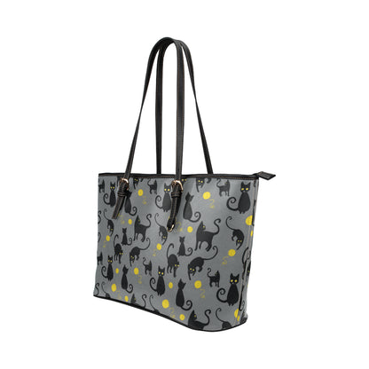 Black Cat Yellow Yarn Print Pattern Leather Tote Bag