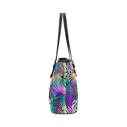 Neon Flower Tropical Palm Leaves Leather Tote Bag