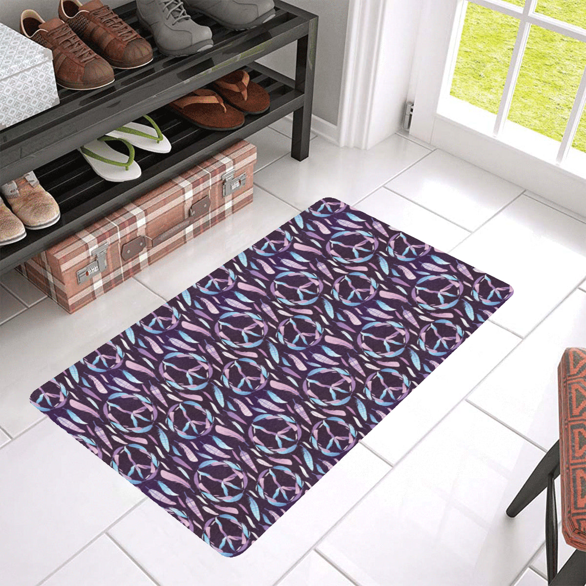 Peace Sign Feather Design Print Rubber Doormat
