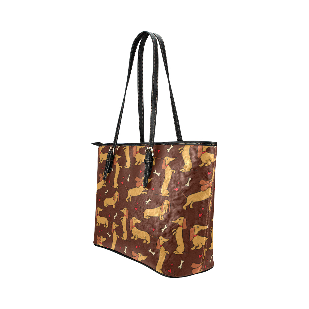 Dachshund Happy Print Pattern Leather Tote Bag