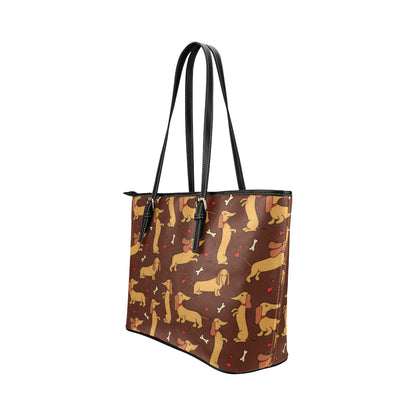 Dachshund Happy Print Pattern Leather Tote Bag
