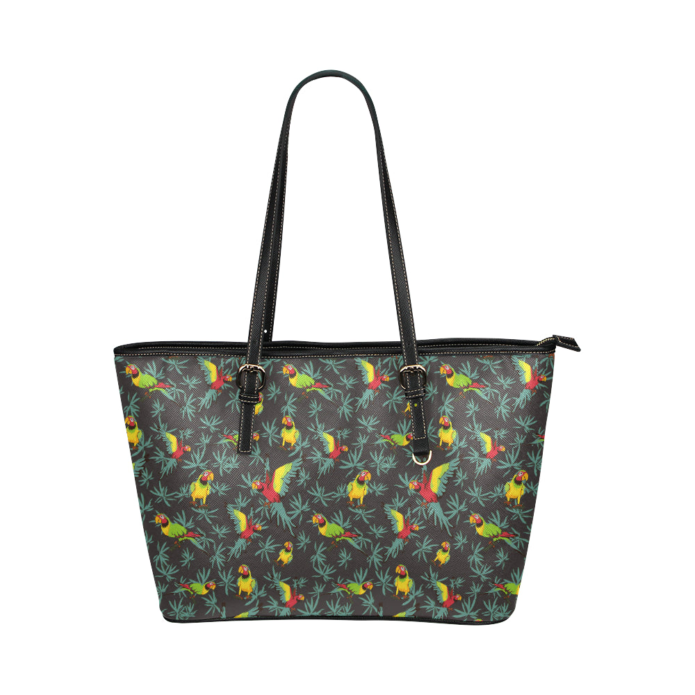 Parrot Themed Print Leather Tote Bag