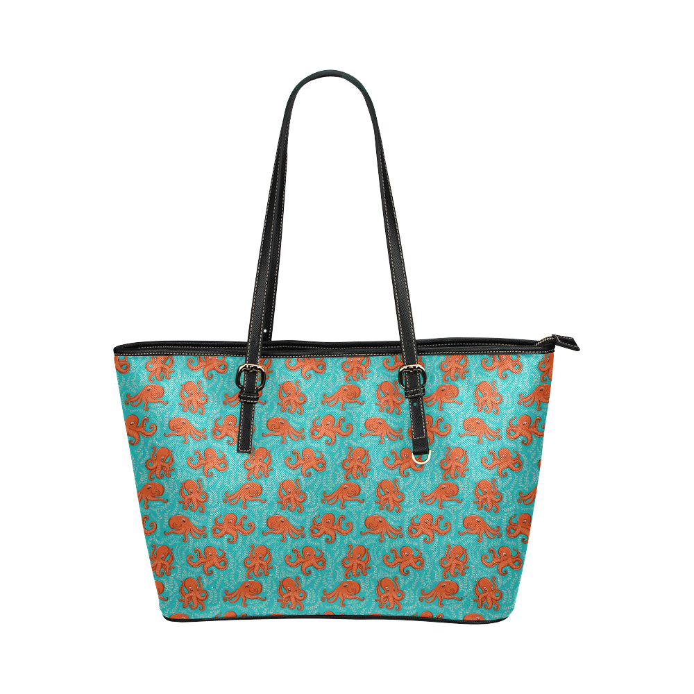Octopus Cartoon Design Print Themed Leather Tote Bag