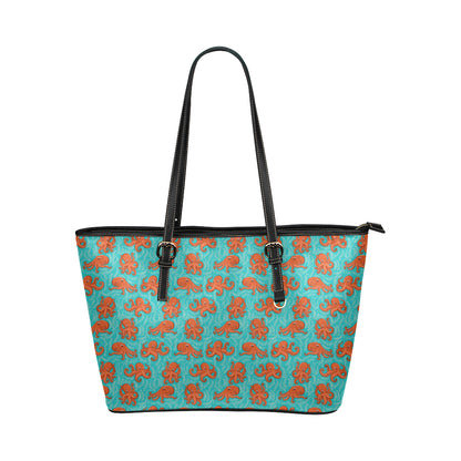 Octopus Cartoon Design Print Themed Leather Tote Bag