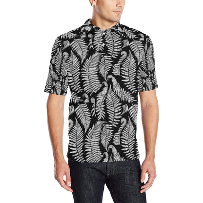 Fern Leave Black White Print Pattern Men Polo Shirt