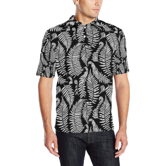 Fern Leave Black White Print Pattern Men Polo Shirt