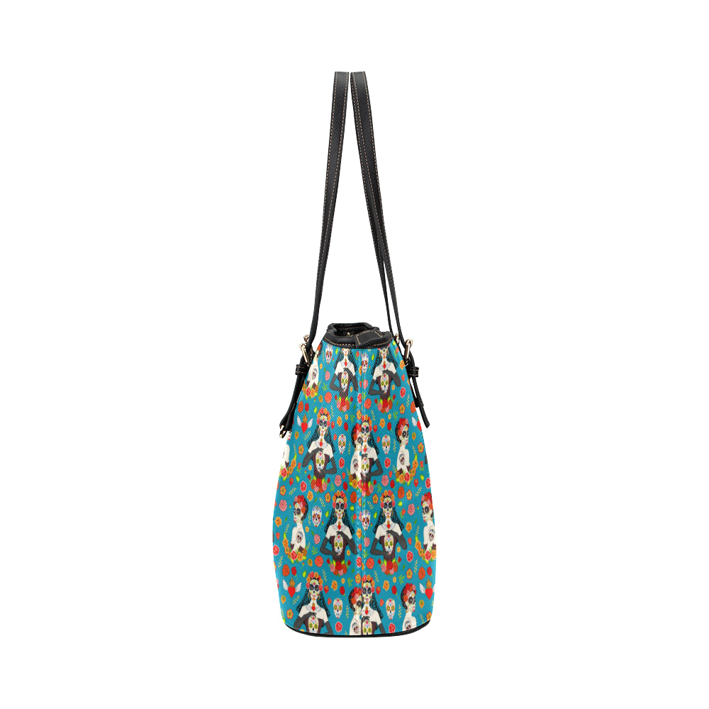 Day of the Dead Old School Girl Design Leather Tote Bag