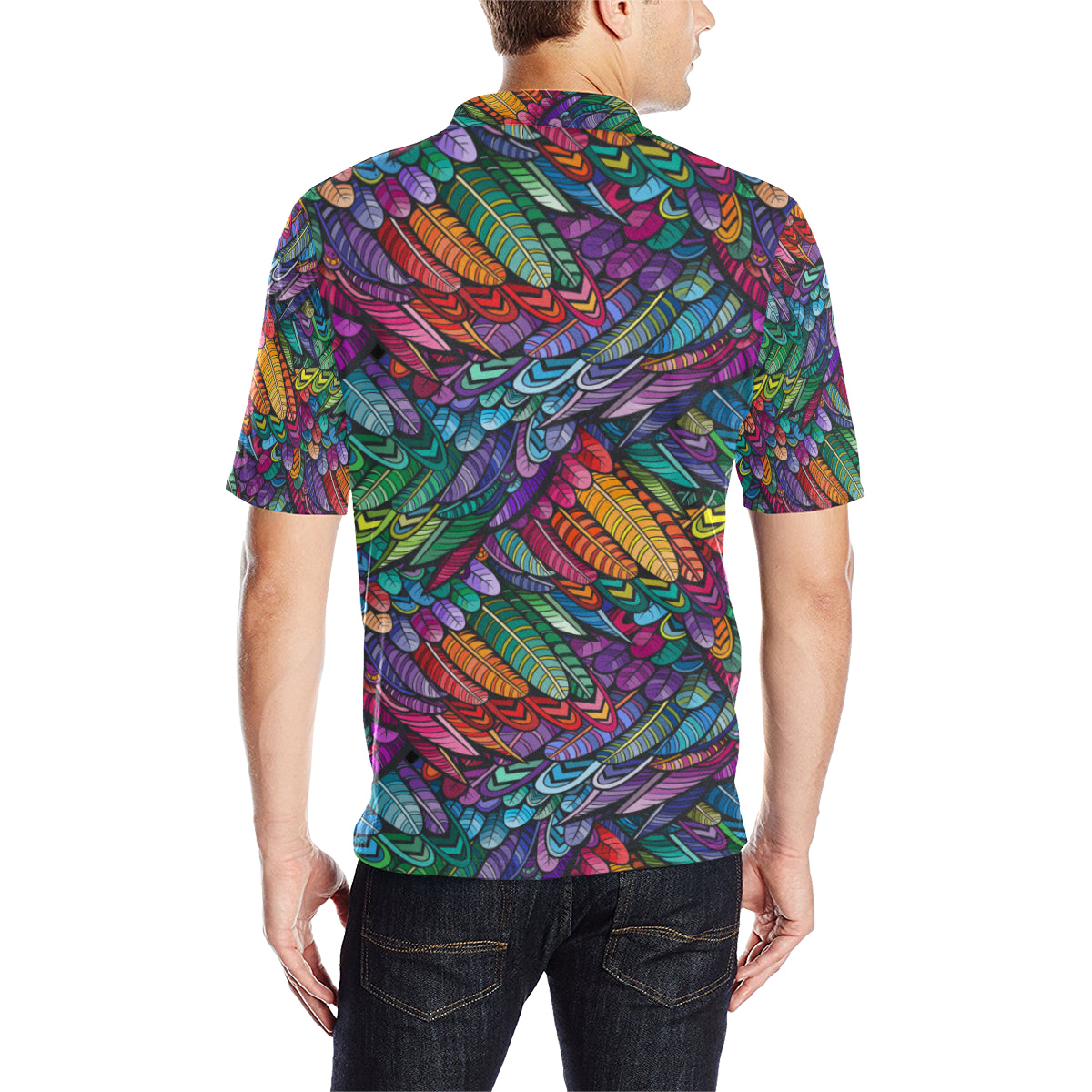 Feather Multicolor Design Print Men Polo Shirt