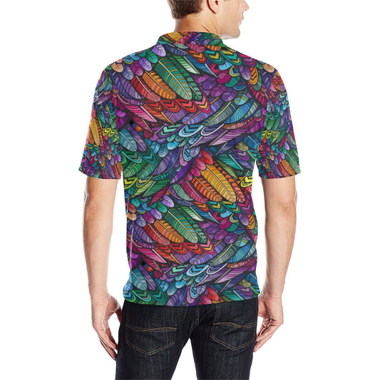 Feather Multicolor Design Print Men Polo Shirt