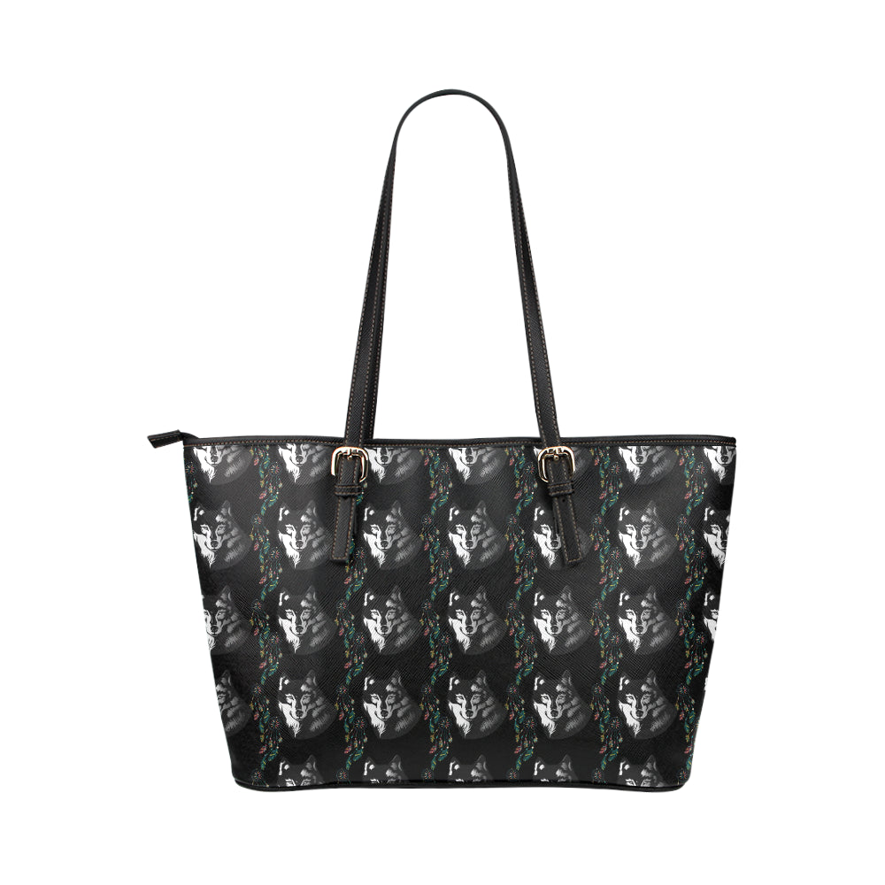 Wolf Black Dream Catcher Design Print Leather Tote Bag