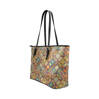 Mandala Flower Themed Design Print Leather Tote Bag
