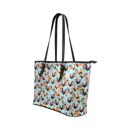 Rooster Themed Design Leather Tote Bag