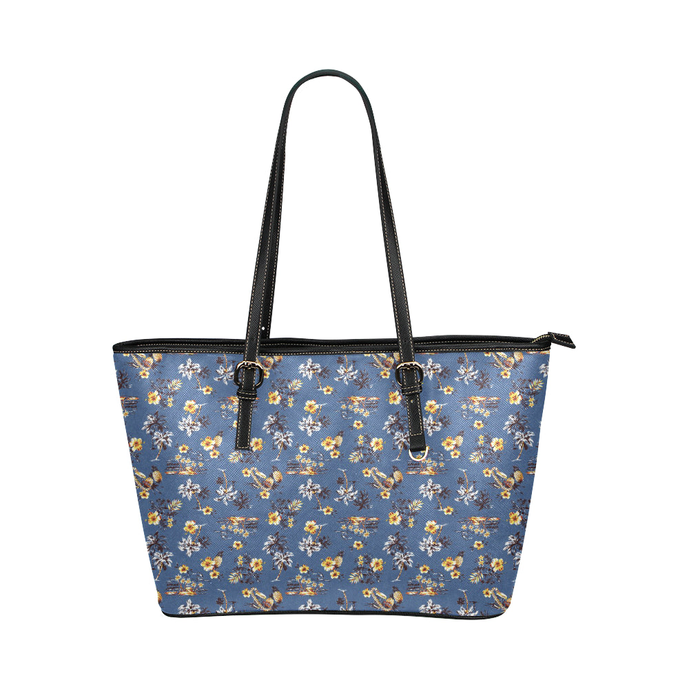 Hawaiian Flower Blue Print Leather Tote Bag