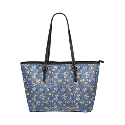 Hawaiian Flower Blue Print Leather Tote Bag