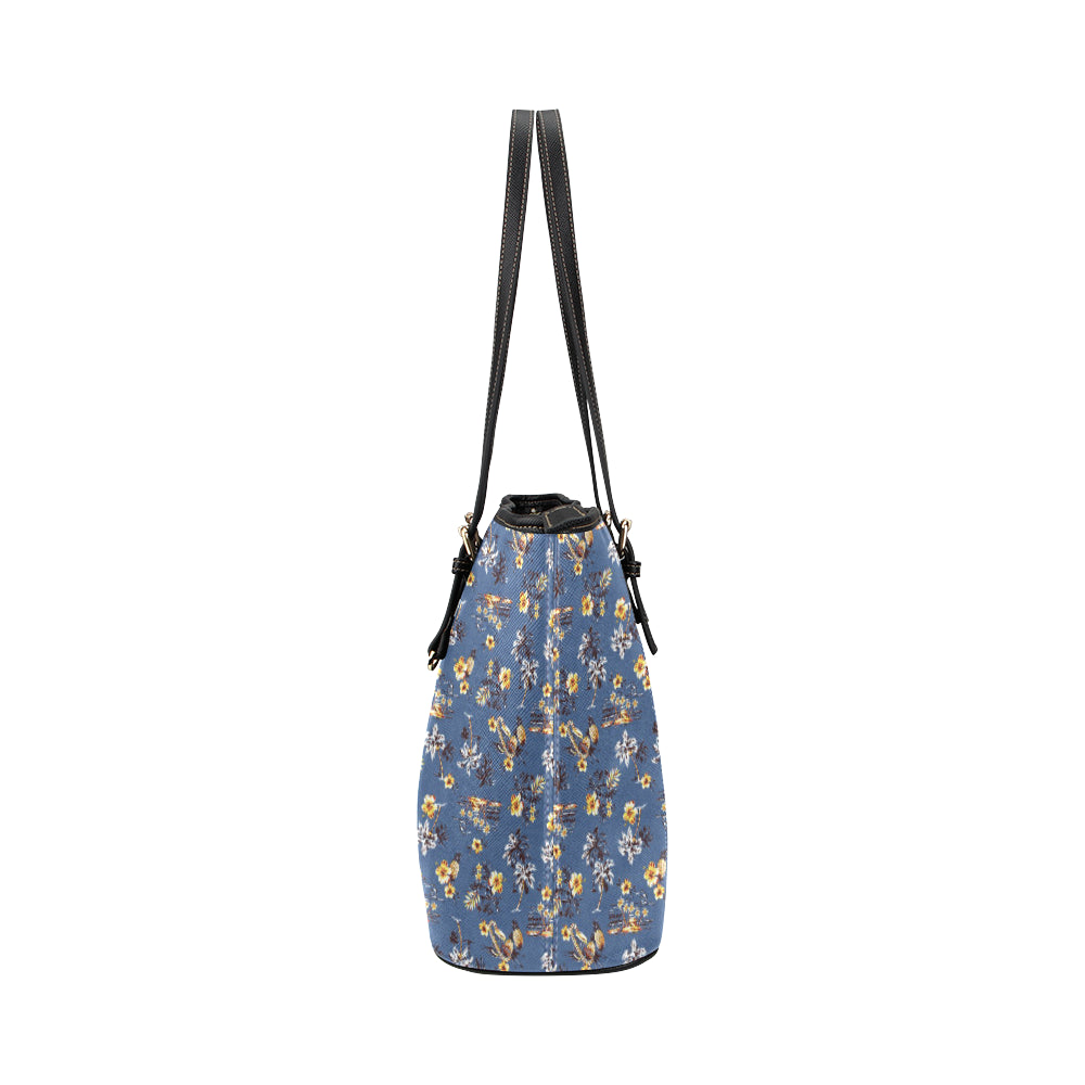 Hawaiian Flower Blue Print Leather Tote Bag