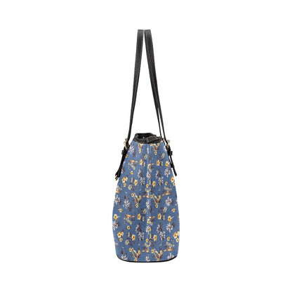 Hawaiian Flower Blue Print Leather Tote Bag