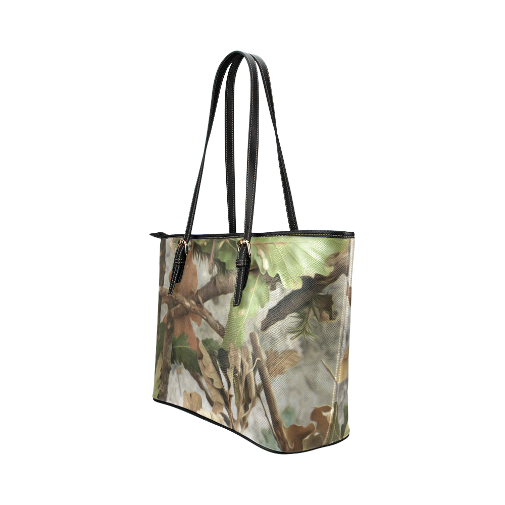 Camo Realistic Tree Forest Print Leather Tote Bag