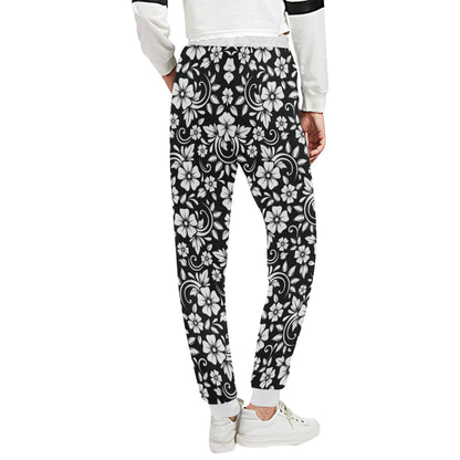 Floral Black White Themed Print Unisex Sweatpants