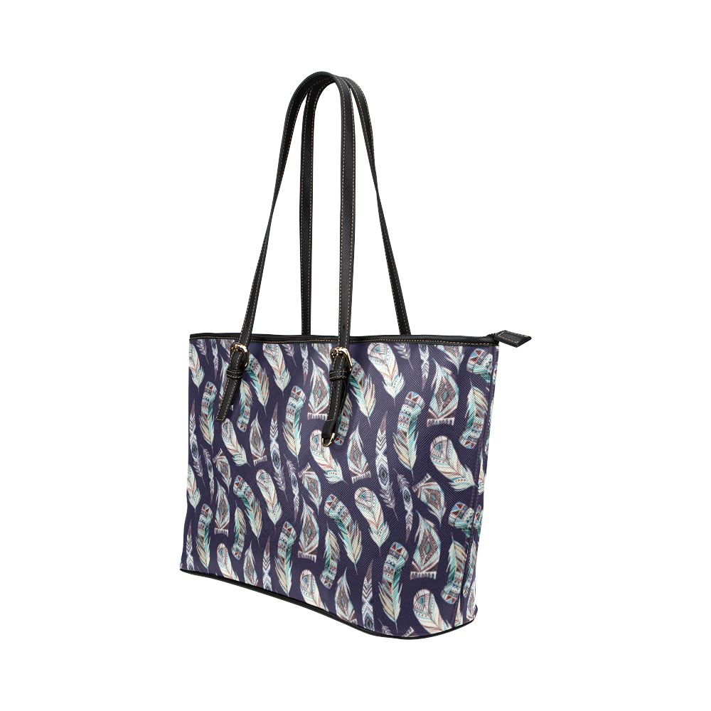 Feather Vintage Boho Design Print Leather Tote Bag