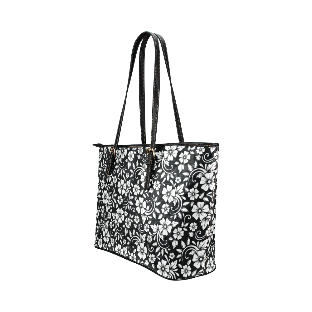 Floral Black White Themed Print Leather Tote Bag