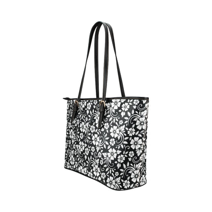 Floral Black White Themed Print Leather Tote Bag
