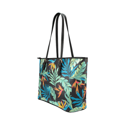 Tropical Palm Leaves Hawaiian Flower Leather Tote Bag