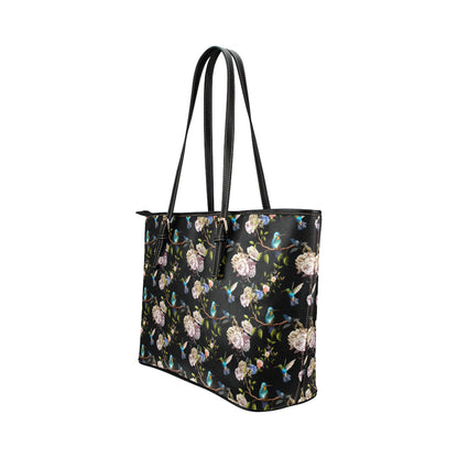 Hummingbird Flower Themed Print Leather Tote Bag