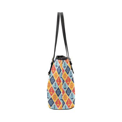 Nautical Pattern Design Themed Print Leather Tote Bag