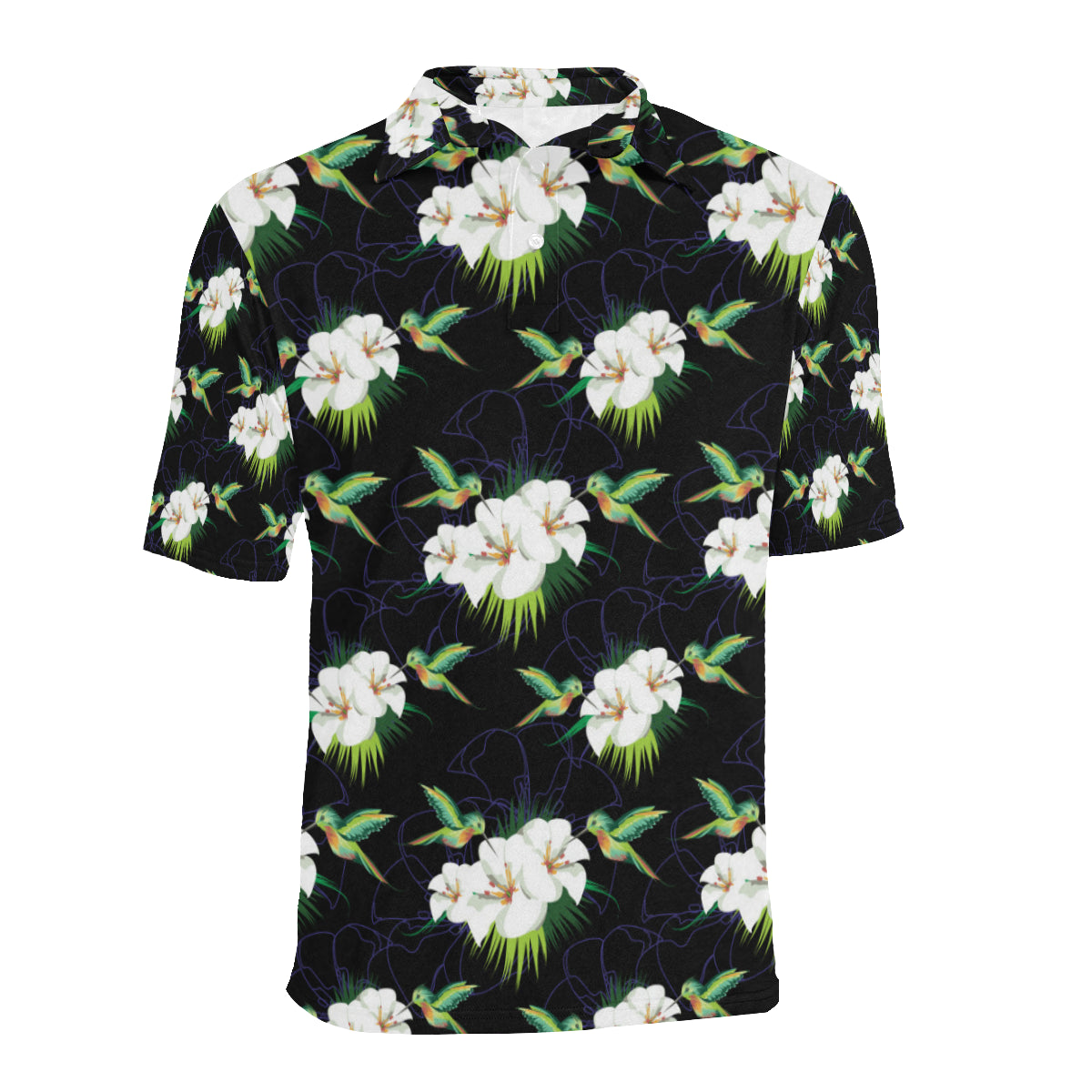 Hummingbird with Flower Pattern Print Design 03 Men Polo Shirt