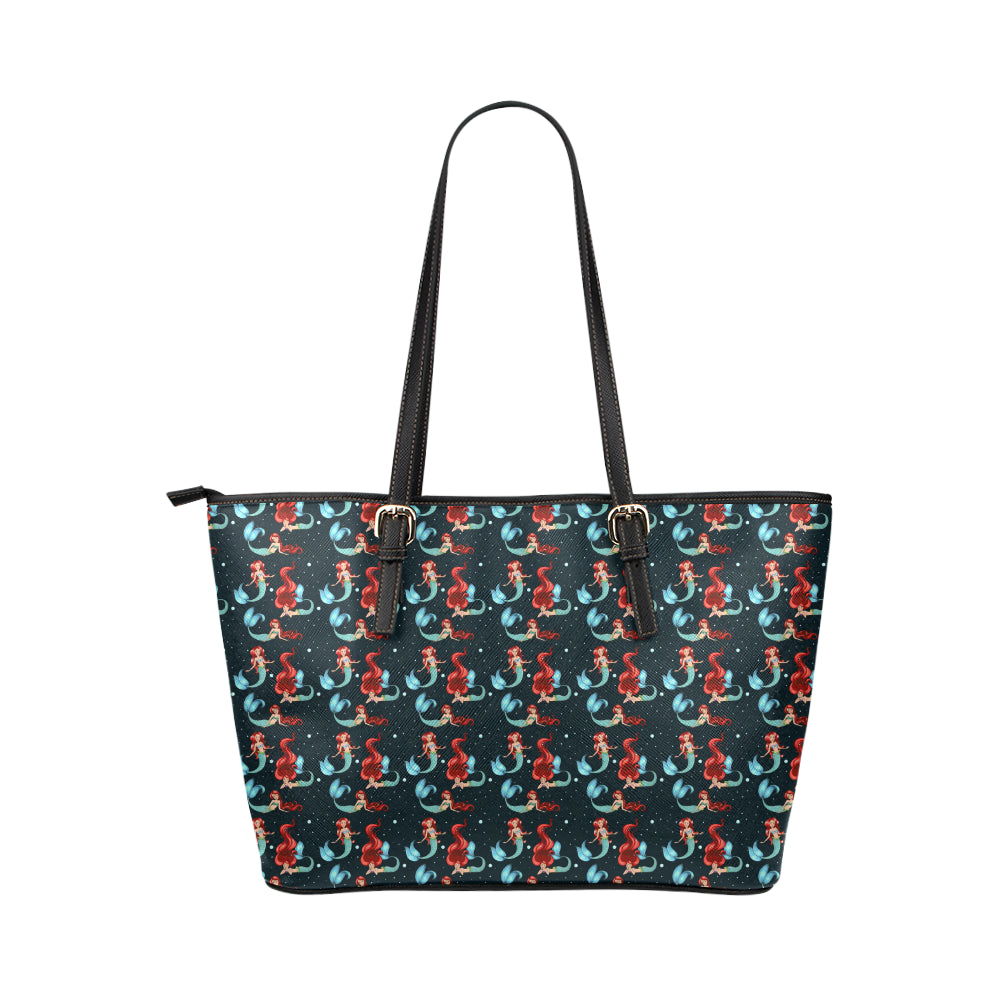 Mermaid Girl Themed Design Print Leather Tote Bag