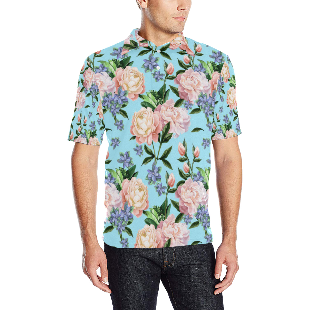 Peony Pattern Print Design PE02 Men Polo Shirt