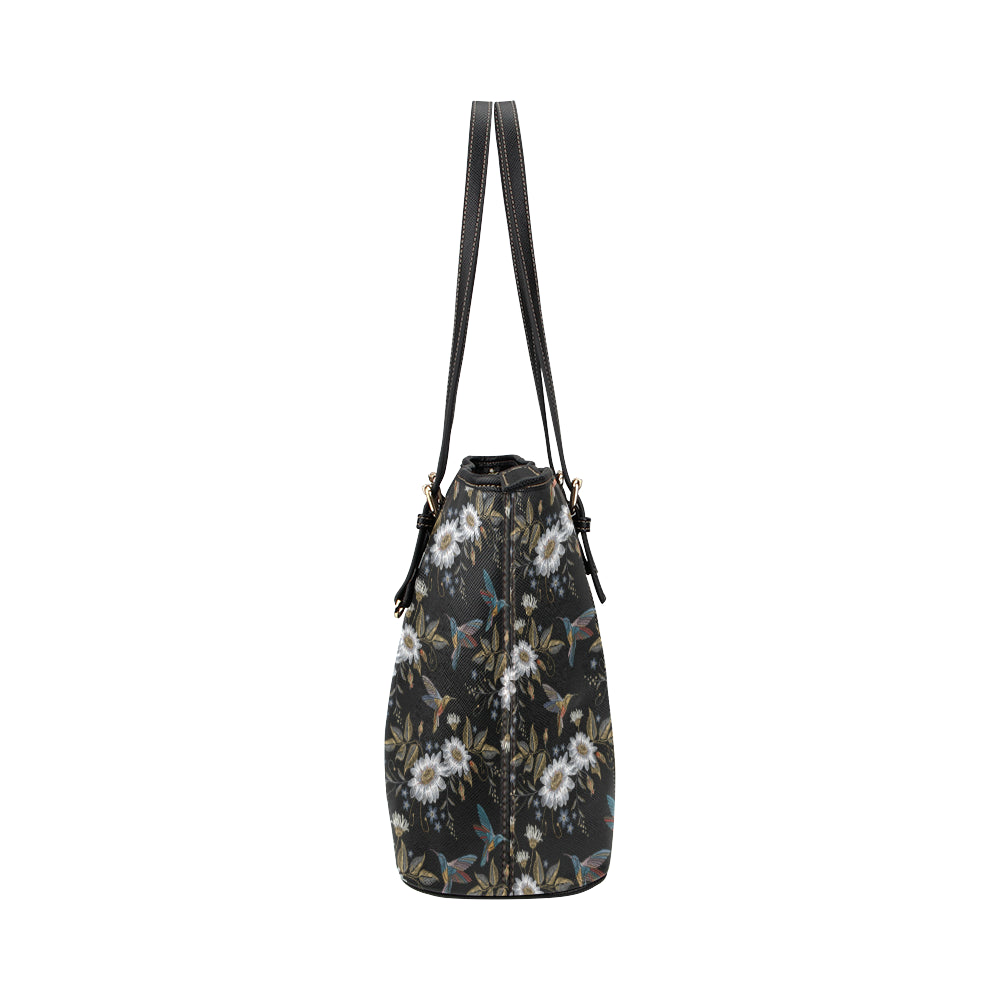 Hummingbird with Embroidery Themed Print Leather Tote Bag