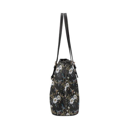 Hummingbird with Embroidery Themed Print Leather Tote Bag