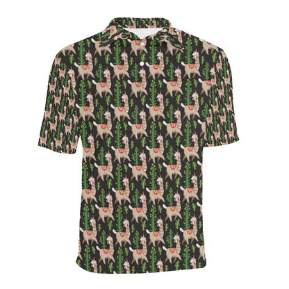 Alpaca Cactus Design Themed Print Men Polo Shirt