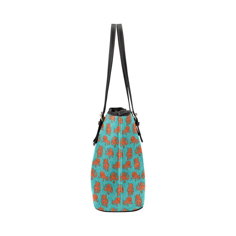 Octopus Cartoon Design Print Themed Leather Tote Bag