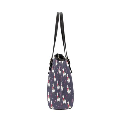 Llama with Candy Cane Themed Print Leather Tote Bag