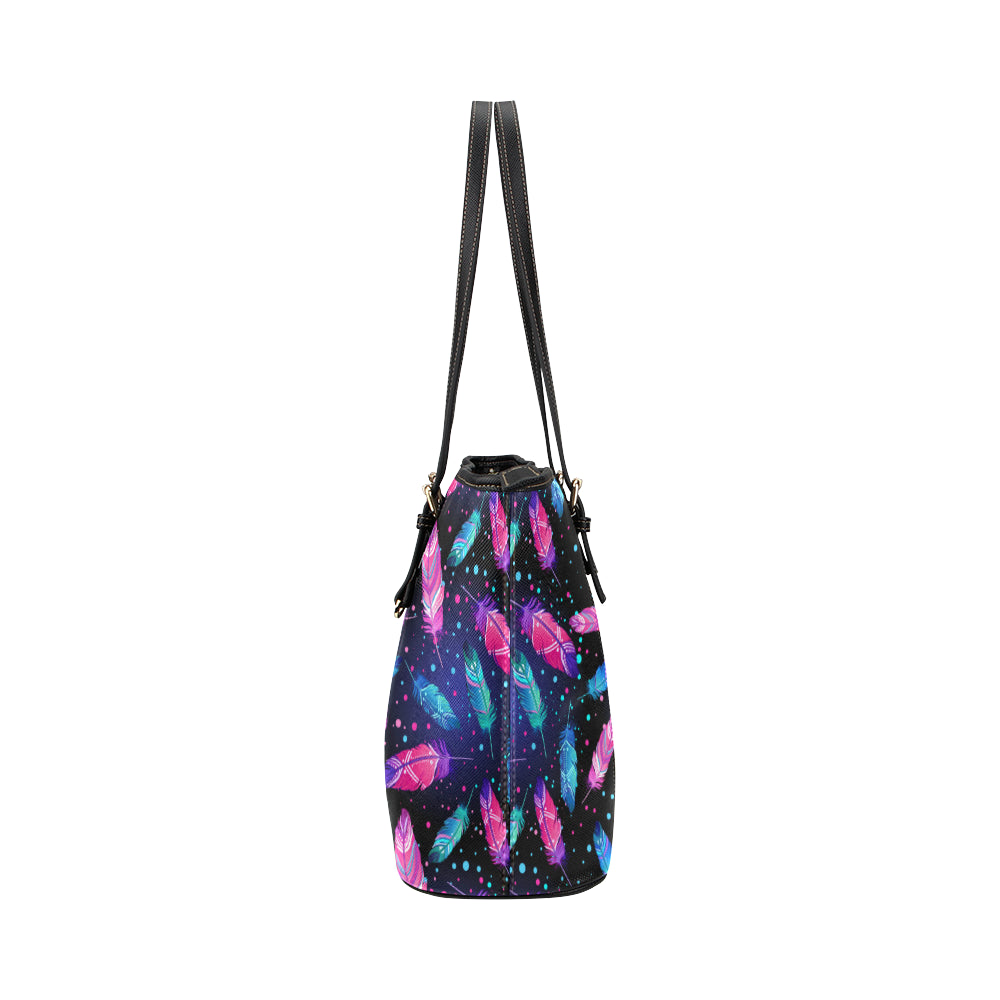 Feather Colorful Boho Design Print Leather Tote Bag