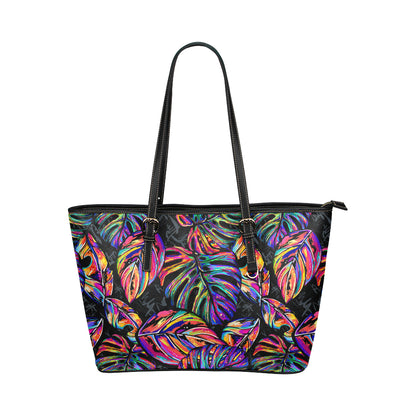 Neon Color Tropical Palm Leaves Leather Tote Bag