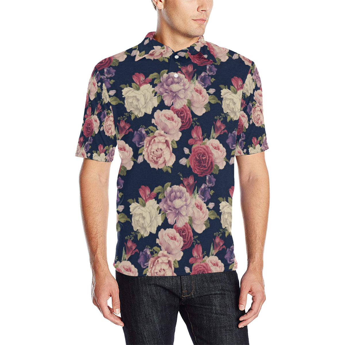 Peony Pattern Print Design PE03 Men Polo Shirt