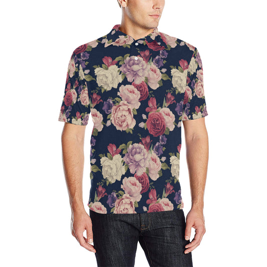 Peony Pattern Print Design PE03 Men Polo Shirt