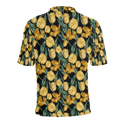 Elegant Yellow Tulip Print Men Polo Shirt