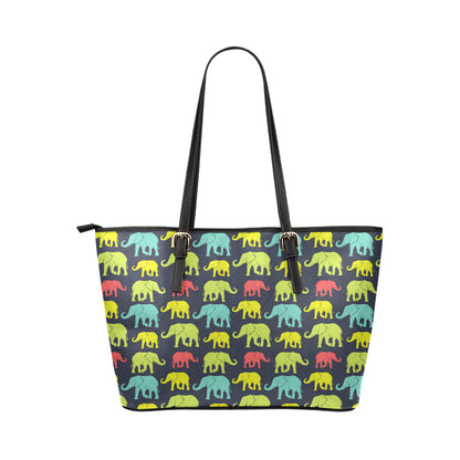 Elephant Neon Color Print Pattern Leather Tote Bag