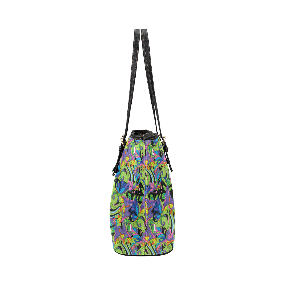 Psychedelic Trippy Mushroom Themed Leather Tote Bag